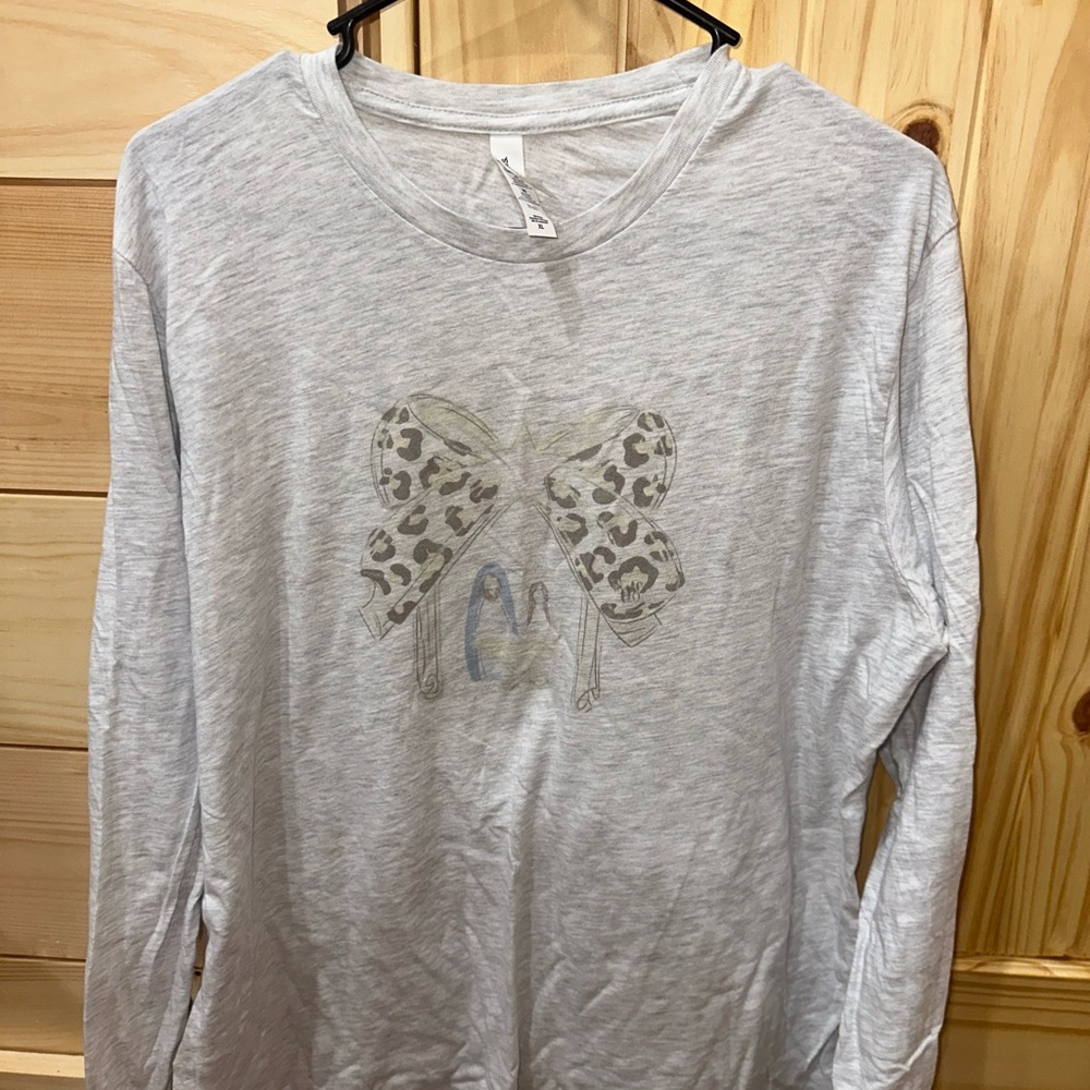 Bella Canvas Light Gray women’s  Long Sleeve Tee with Leopard Bow and Christ